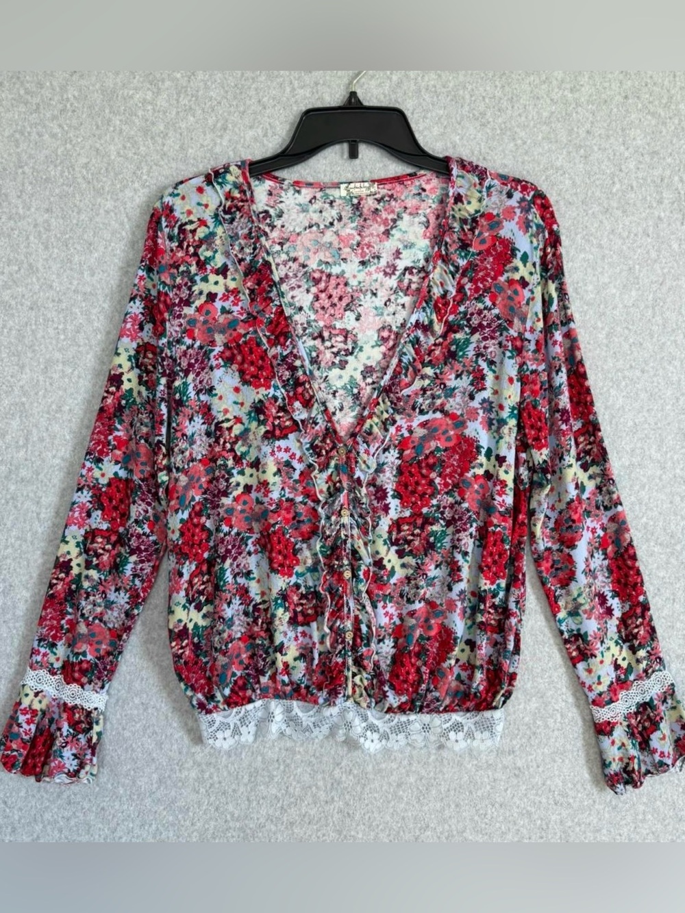 Intimately Free People Top Womens Medium Red Blue Floral Lace V Neck Boho READ